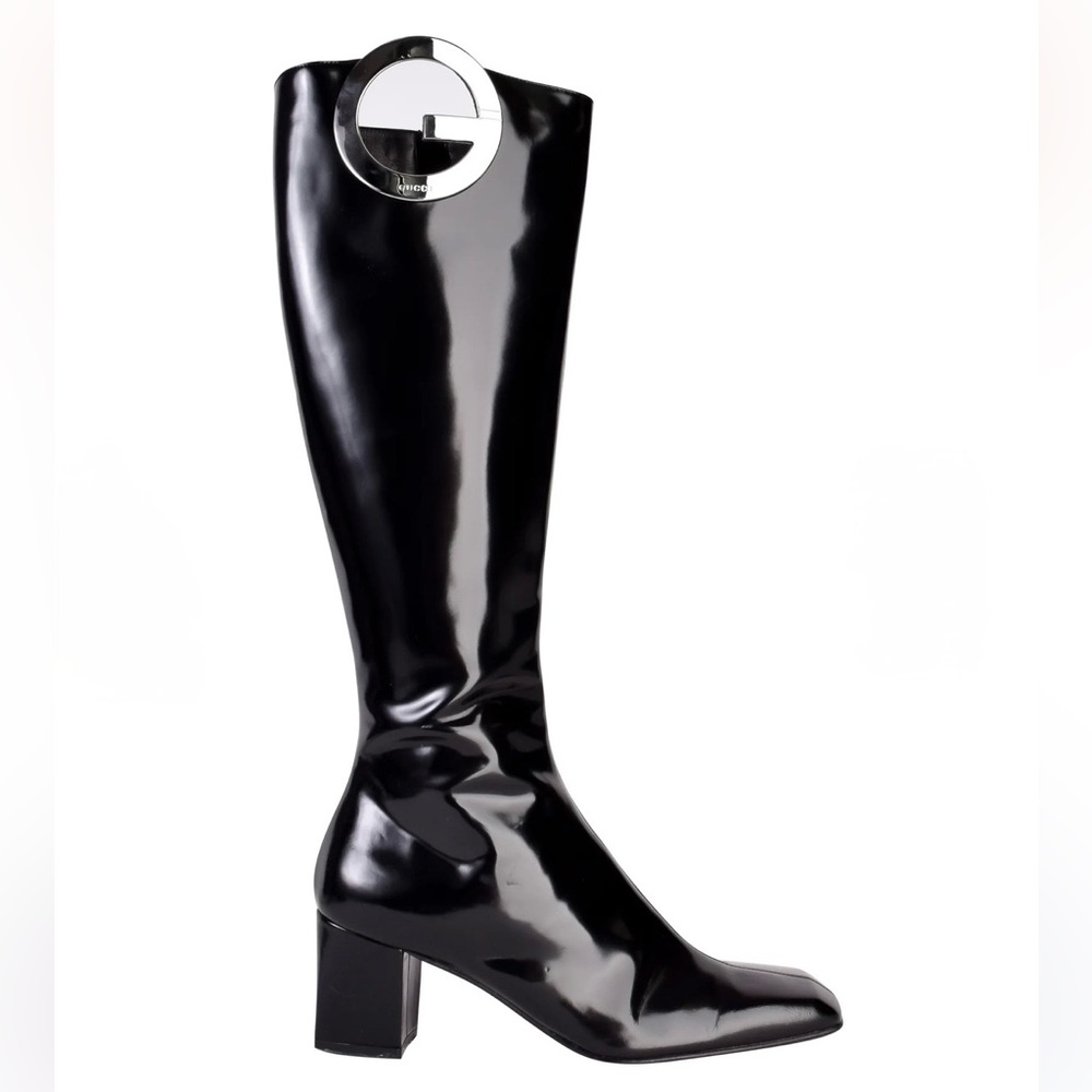 GUCCI Black Patent Knee-High Boot with Silver G Accent (TOM FORD design 96) 8B